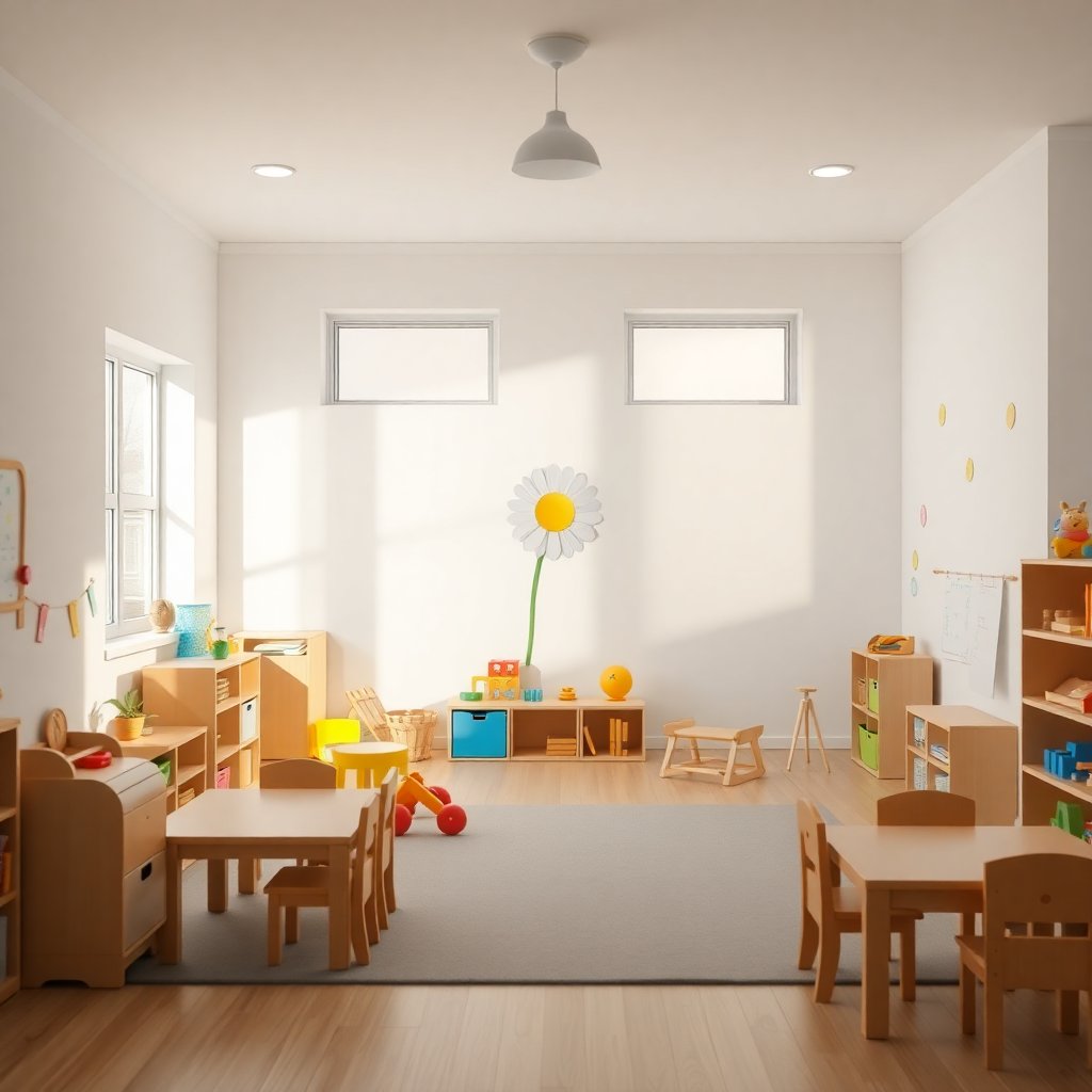Cheerful and professional photography of a modern kindergarten interior with soft natural lighting, wooden toys, colorful decorations, and a subtle daisy motif on the wall. High quality, wide shot, 16:9.