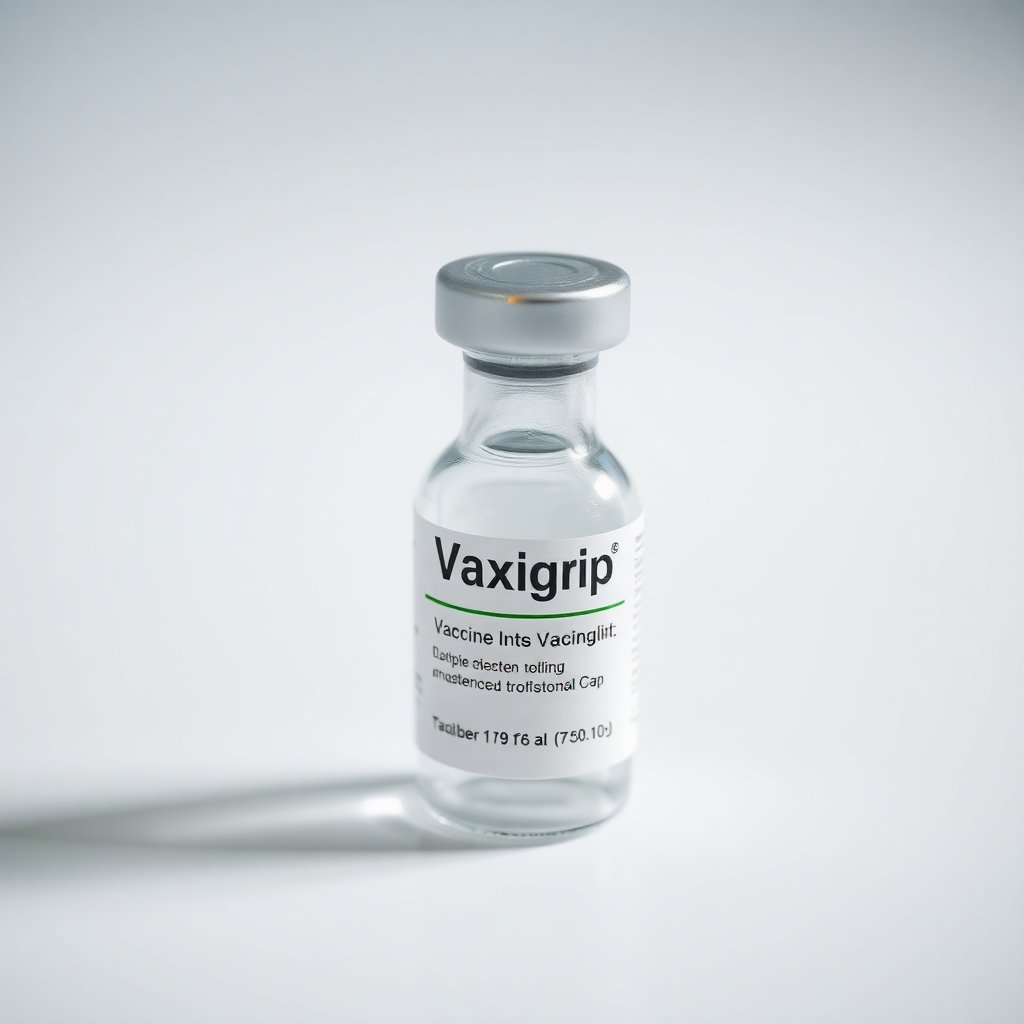 Close-up of a medical vaccine vial labeled Vaxigrip on a clean white surface with soft green accents.