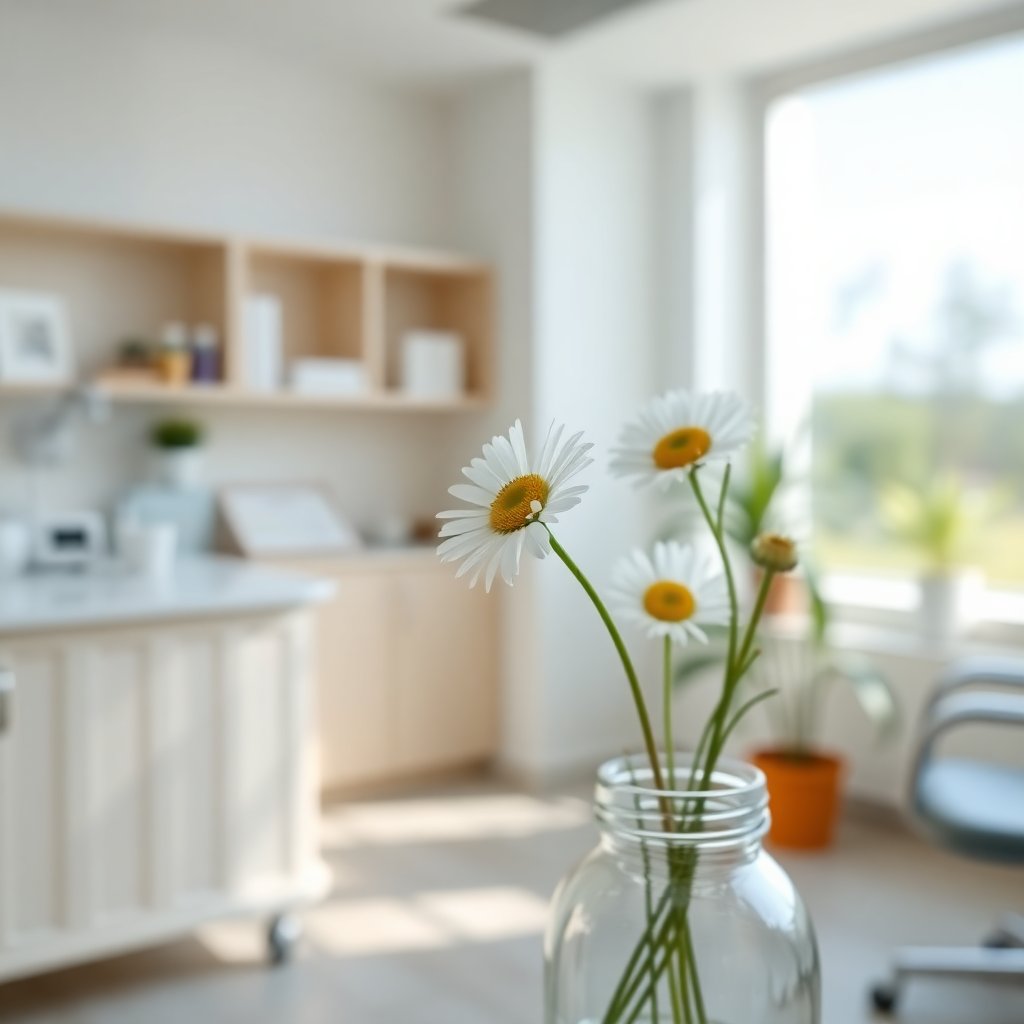 Clean medical office interior with a soft focus on a daisy flower in a vase, bright natural light, professional and calming atmosphere, high resolution.